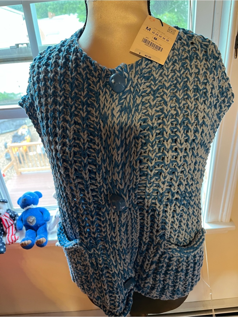 Zara Blue Two-Tone Chunky Knit Pocket Cardigan